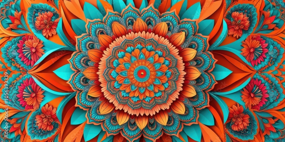 Vibrant kaleidoscope pattern, mandala design, teal and orange color scheme, intricate floral motifs, symmetrical radial composition, psychedelic art style, digital fractal artwork, bold contrasting co Vibrant kaleidoscope pattern, mandala design, teal and orange color scheme, intricate floral motifs, symmetrical radial composition, psychedelic art style, digital fractal artwork, bold contrasting co