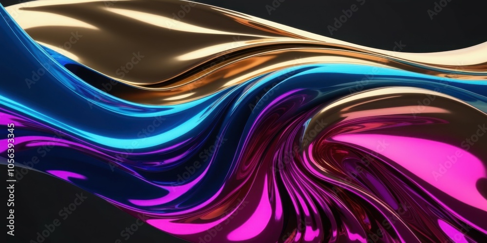 Abstract swirling shapes, vibrant metallic colors, blue pink gold, fluid motion, smooth curves, glossy reflective surfaces, dynamic composition, futuristic design, 3D rendering, high contrast, digital Abstract swirling shapes, vibrant metallic colors, blue pink gold, fluid motion, smooth curves, glossy reflective surfaces, dynamic composition, futuristic design, 3D rendering, high contrast, digital