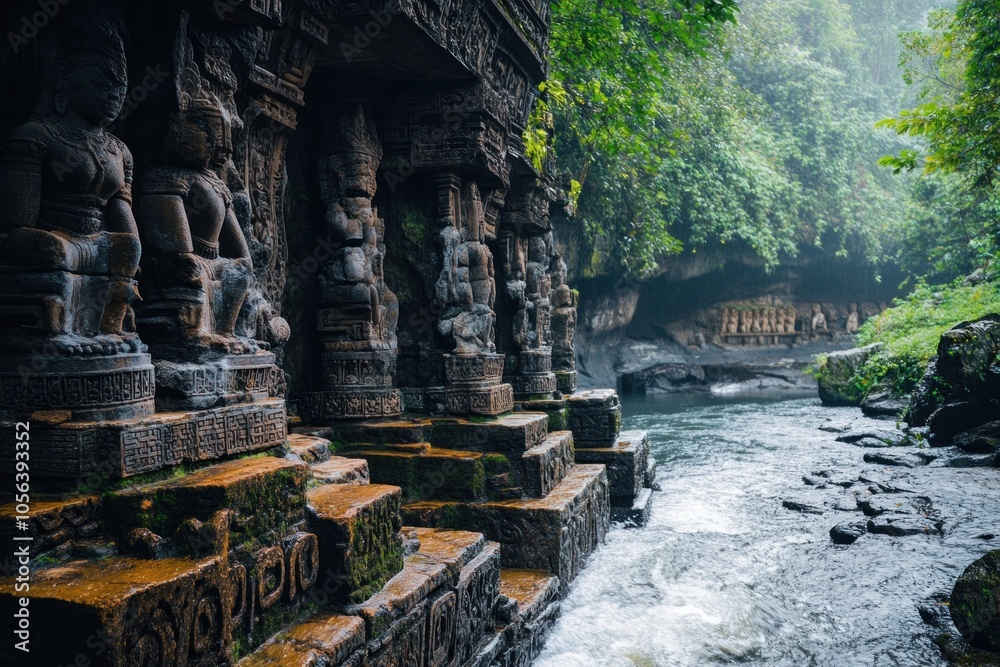 Fototapeta premium A sacred mountain river location showcasing a tranquil river surrounded by ancient stone carvings and ceremonial altars, highlighting its spiritual significance.