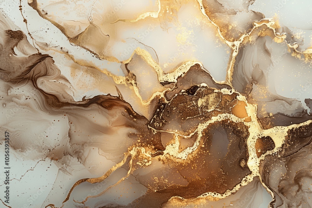Elegant Abstract Fluid Art with Alcohol Ink in Brown and White, Gold Accents and Marble Texture Elegant Abstract Fluid Art with Alcohol Ink in Brown and White, Gold Accents and Marble Texture