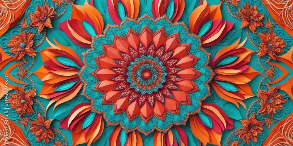 Vibrant kaleidoscope pattern, mandala design, teal and orange color scheme, intricate floral motifs, symmetrical radial composition, psychedelic art style, digital fractal artwork, bold contrasting co