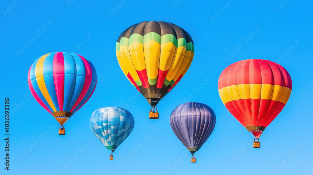 Fototapeta premium Colorful hot air balloons float against clear blue sky, creating vibrant and joyful scene. This festival atmosphere captures essence of adventure and freedom