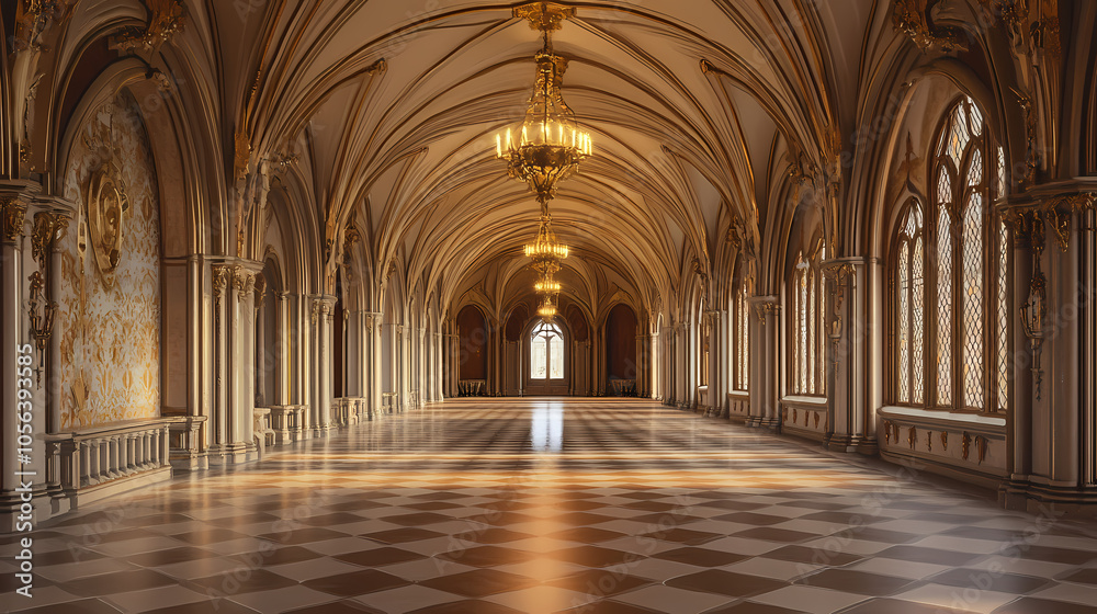 Gilded dining gallery: an expansive enchanted banquet hall. fantasy wallpaper. Medieval Banquet Hall. Illustration Gilded dining gallery: an expansive enchanted banquet hall. fantasy wallpaper. Medieval Banquet Hall. Illustration