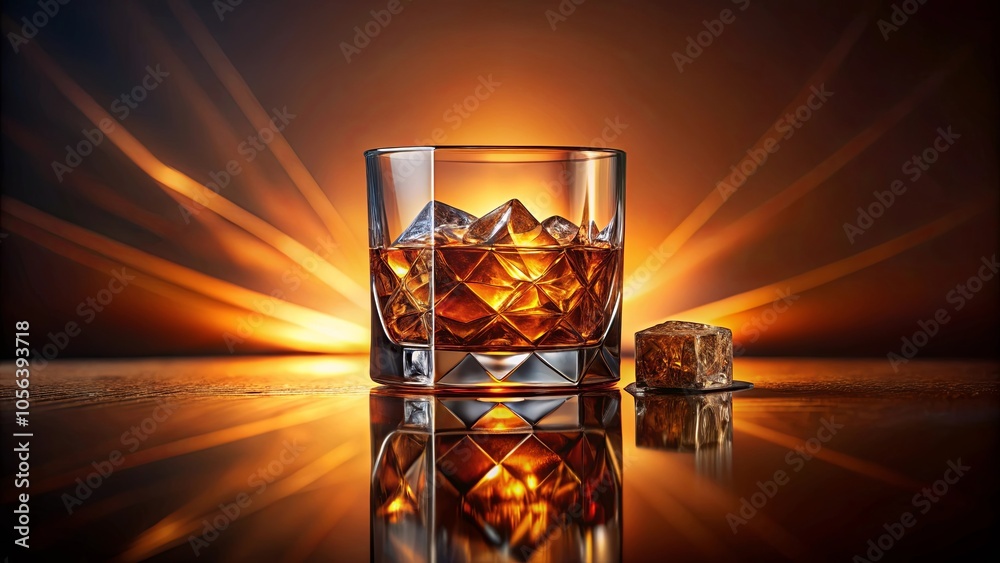 A Glass of Amber Liquid with Ice Cubes on a Reflective Surface, Illuminating a Golden Backdrop A Glass of Amber Liquid with Ice Cubes on a Reflective Surface, Illuminating a Golden Backdrop