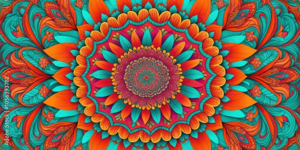 Vibrant kaleidoscope pattern, mandala design, teal and orange color scheme, intricate floral motifs, symmetrical radial composition, psychedelic art style, digital fractal artwork, bold contrasting co Vibrant kaleidoscope pattern, mandala design, teal and orange color scheme, intricate floral motifs, symmetrical radial composition, psychedelic art style, digital fractal artwork, bold contrasting co