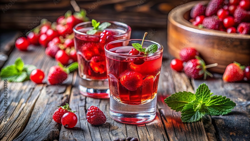 A refreshing berry-infused drink, garnished with mint leaves, sits on a rustic wooden surface, surrounded by scattered berries and a bowl overflowing with additional fruit. A refreshing berry-infused drink, garnished with mint leaves, sits on a rustic wooden surface, surrounded by scattered berries and a bowl overflowing with additional fruit.