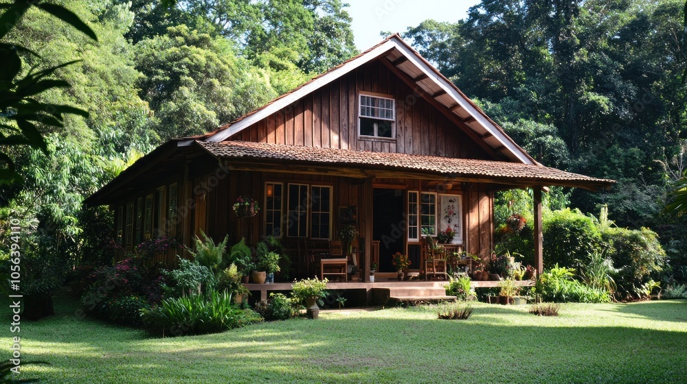 A wooden single house with a rustic charm, featuring wooden siding, a covered porch, and surrounded by natural landscaping. A wooden single house with a rustic charm, featuring wooden siding, a covered porch, and surrounded by natural landscaping.