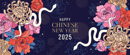 Colorful Chinese New Year background with lunar symbol of the snake. Traditional poster with peonies, chrysanthemums, snakes and linear flowers. Chinese modern vector design.