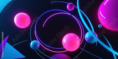 Glowing neon spheres, vibrant pink and blue orbs, reflective surfaces, abstract geometric composition, futuristic lighting, sleek metallic textures, sci-fi aesthetic, glossy finish, dynamic balance, m