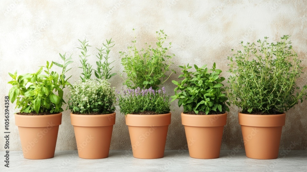 A row of potted herbs arranged on a surface, showcasing vibrant greenery. A row of potted herbs arranged on a surface, showcasing vibrant greenery.
