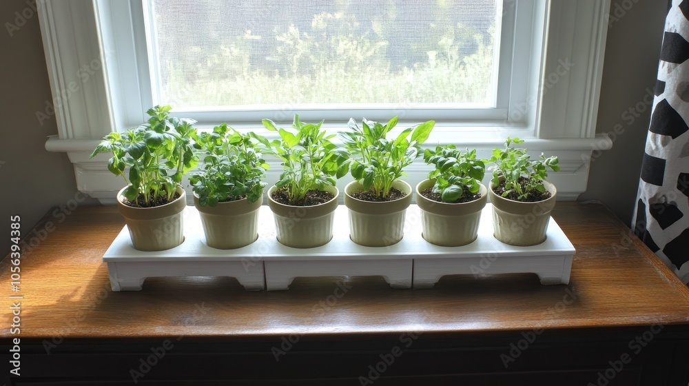 A row of potted herbs on a windowsill, showcasing indoor gardening. A row of potted herbs on a windowsill, showcasing indoor gardening.