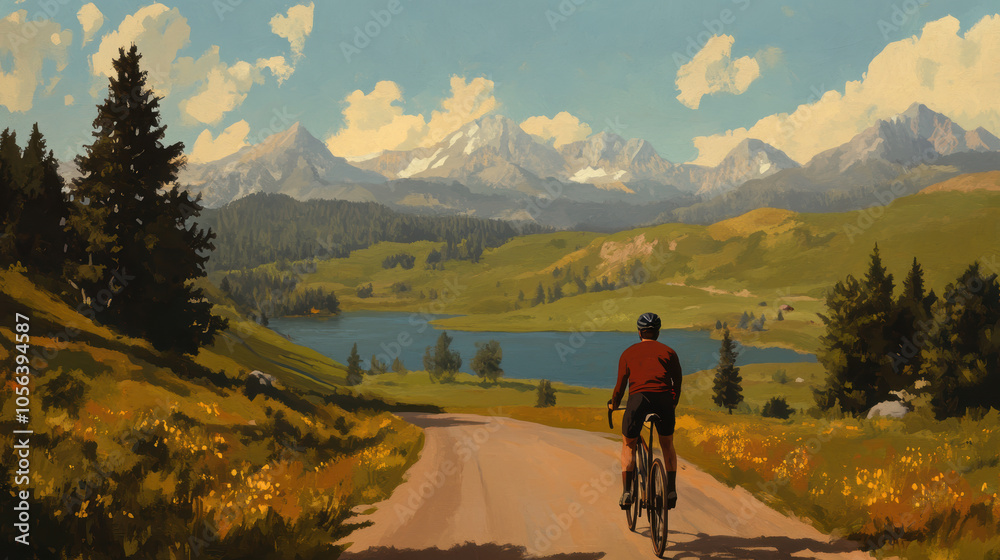 Obraz premium Cyclist on Scenic Mountain Path with Lake and Majestic Peaks in the Background