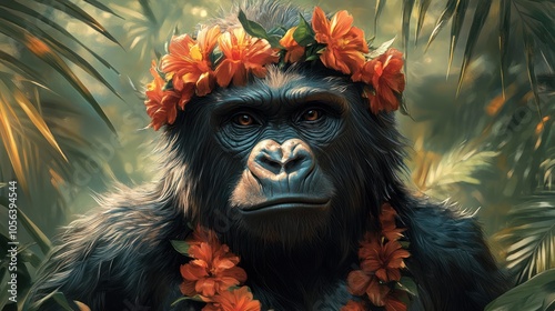 A close-up portrait of a gorilla wearing a flower crown and lei in a tropical jungle.