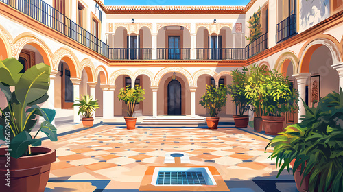 Historical courtyard in seville, andalusian architecture with classic elements, tourist attraction in spain. Moorish Courtyard. Illustration