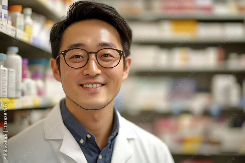 Asian pharmacist smiling in a pharmacy with shelves full of medicine Asian pharmacist smiling in a pharmacy with shelves full of medicine