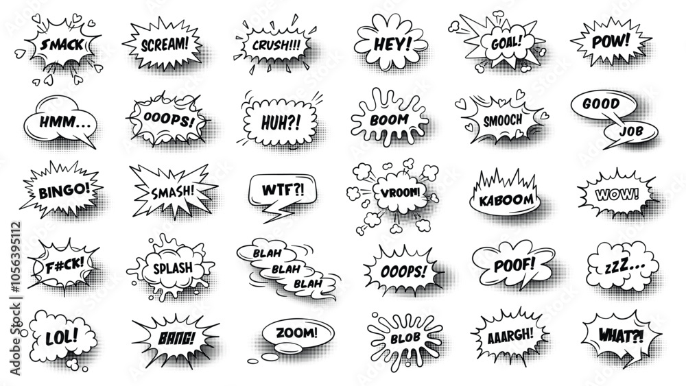 30 comic speech bubbles with worlds. Halftone shadows, vintage design, pop art style. Vector templates for comics book , social media banners, promotional material.