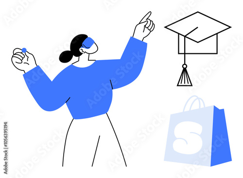 Person pointing at a graduation cap while holding something in the other hand next to a bag. Ideal for education celebrations retail success academic achievement shopping festivities. Minimalist