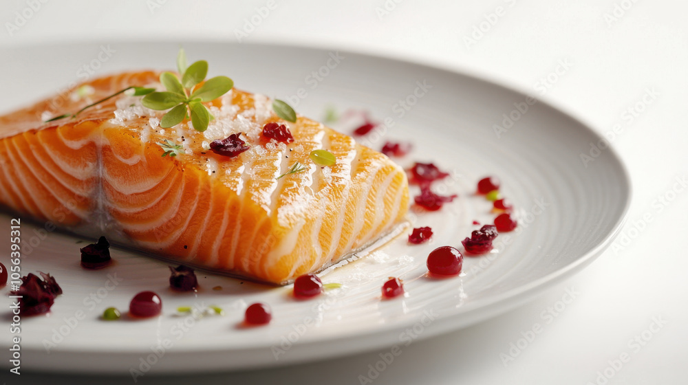 beautifully presented piece of salt cured salmon garnished with herbs and surrounded by vibrant red berries, creating appetizing and elegant dish beautifully presented piece of salt cured salmon garnished with herbs and surrounded by vibrant red berries, creating appetizing and elegant dish
