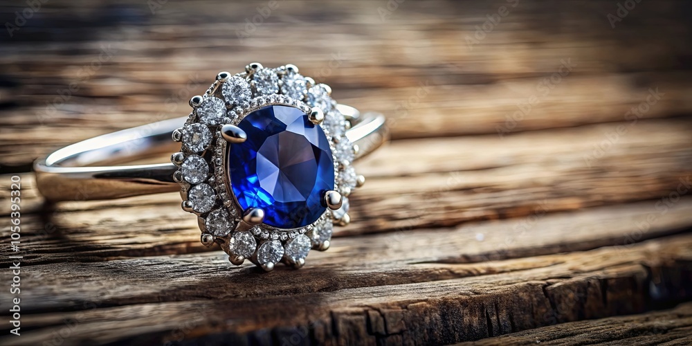 A captivating oval sapphire ring, adorned with sparkling white gemstones, rests on a weathered wooden surface, capturing the essence of elegance and timeless beauty. A captivating oval sapphire ring, adorned with sparkling white gemstones, rests on a weathered wooden surface, capturing the essence of elegance and timeless beauty.