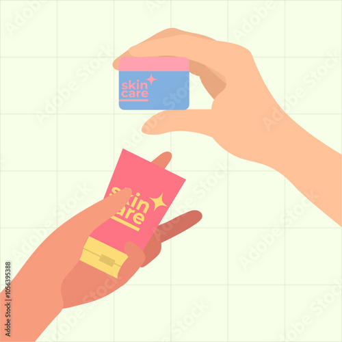human hands fingers gestures different poses holding two small skincare in flat illustration