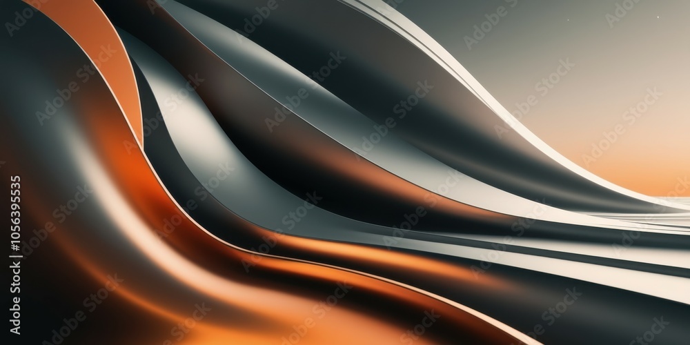 Fototapeta premium Abstract waves, fluid metallic curves, orange and gray tones, smooth surfaces, dynamic shapes, futuristic design, sleek texture, minimalist composition, 3D rendering, glossy finish, sunset-inspired co