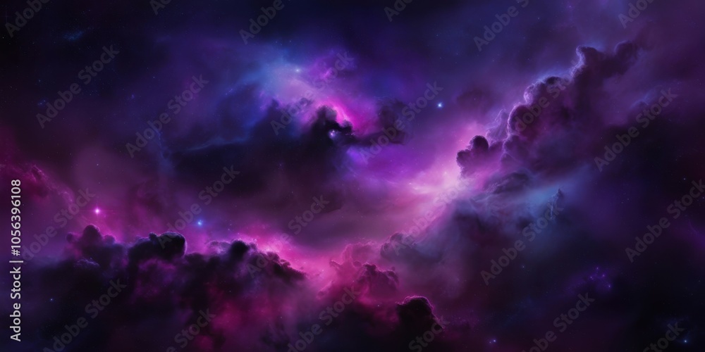 Obraz premium Cosmic nebula, swirling purple clouds, deep space, vibrant colors, ethereal atmosphere, celestial beauty, star formation, galactic storm, mystical energy, dreamlike landscape, astronomical wonder, sur