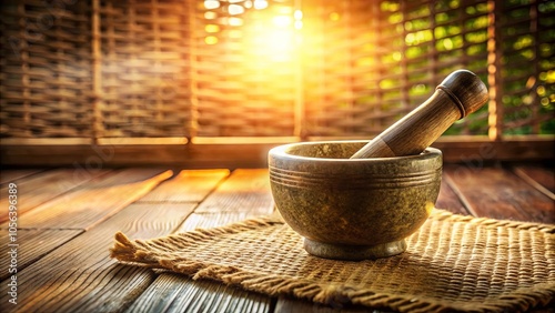 A rustic mortar and pestle on a woven mat bathed in warm, golden sunlight, ready for grinding herbs and spices.