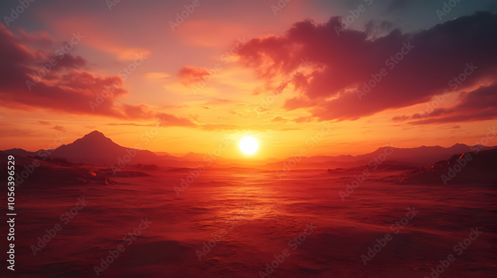Red Sunset Over Mountains - 3D Illustration Red Sunset Over Mountains - 3D Illustration