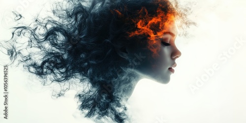 Abstract Portrait of Woman with Fiery and Smoky Hair, Surreal Art Concept