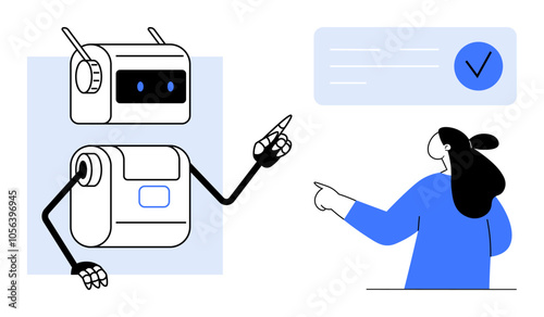 A robot and a human both pointing at a checklist. Both figures appear engaged in a collaborative task. Ideal for technology, teamwork, AI integration, automation, and future tech advancements. Modern