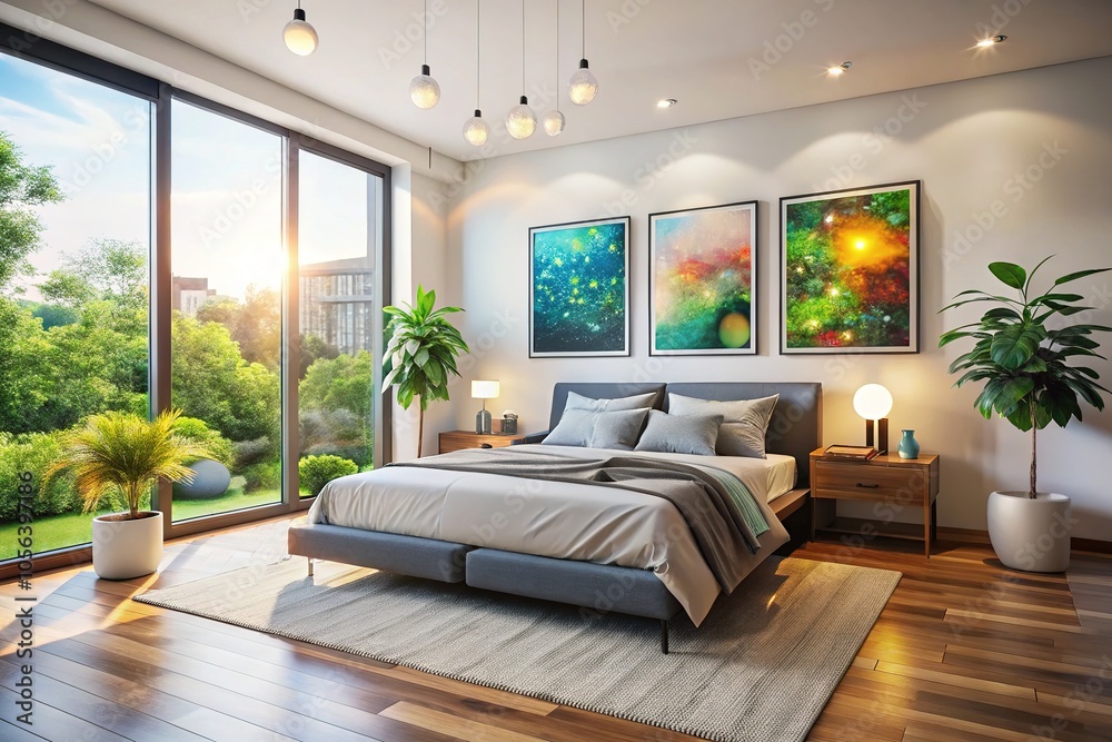 Minimalist Bedroom Interior Mockup with Bokeh Effect and Large Windows Minimalist Bedroom Interior Mockup with Bokeh Effect and Large Windows