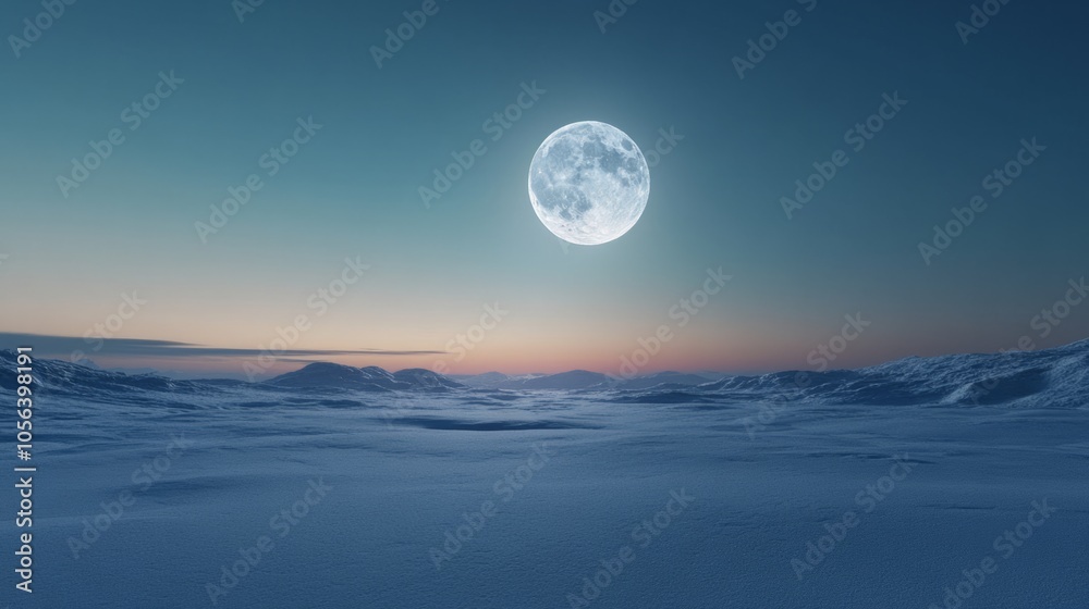 Full moon shining brightly over a snow covered landscape during winter generative ai