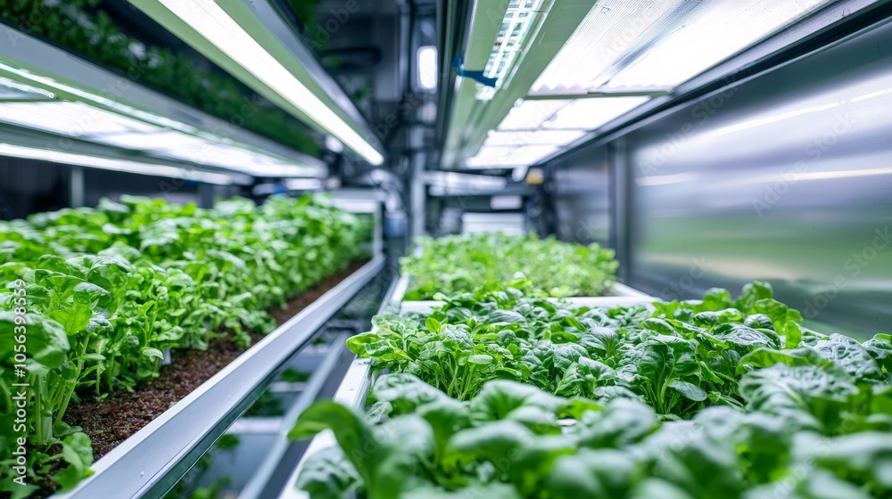 A panoramic view of an indoor vertical farm growing leafy greens, with automated harvesting equipment at work A panoramic view of an indoor vertical farm growing leafy greens, with automated harvesting equipment at work