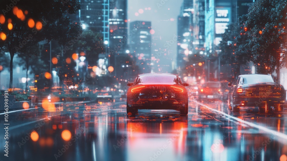 Fototapeta premium Cityscape with Red Car in Rain