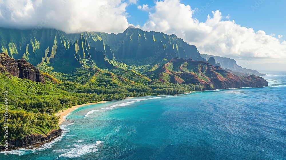 Fototapeta premium Scenic coastal view with mountains and lush greenery.