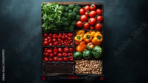 Fresh vegetables, chickpeas, and peppers in a wooden crate.