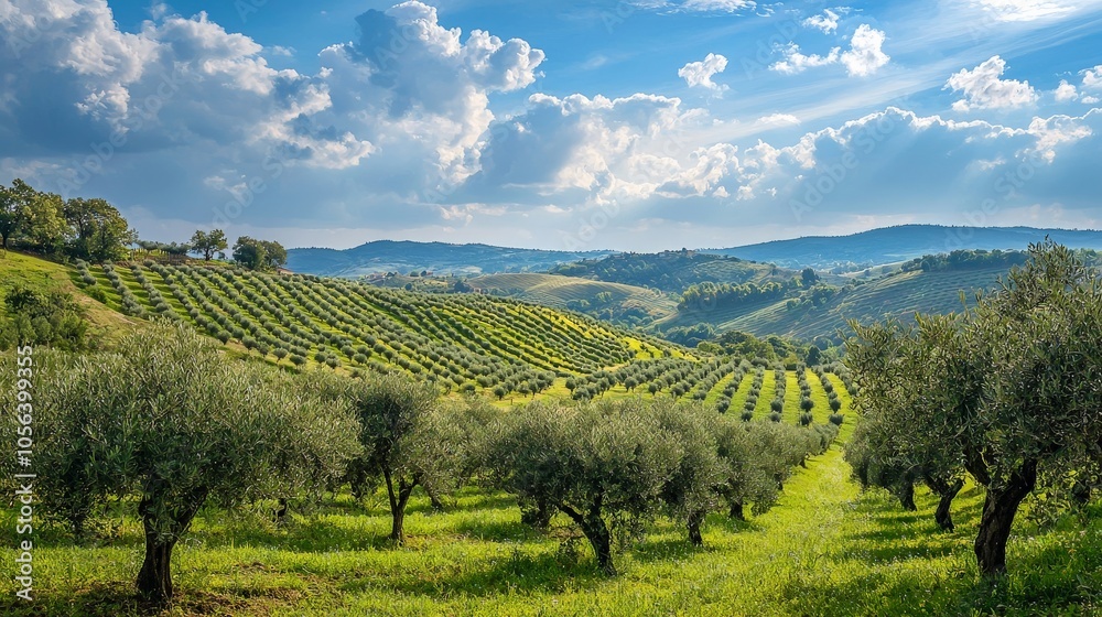Fototapeta premium A panoramic view of an olive plantation in a Mediterranean landscape, with twisted olive trees dotting the rolling hills