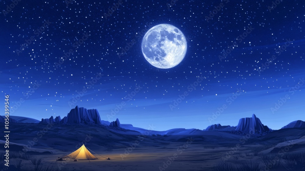 Fototapeta premium Full moon high in the sky during a summer night, illuminating a campsite in a vast desert generative ai