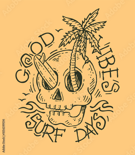 Casual illustration of a skull with a surfboard and a coconut tree. Art for printing on t-shirts, decoration, etc.