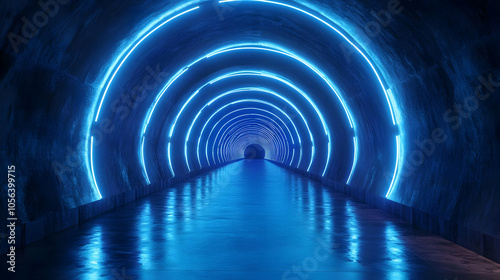 Abstract 3D Tunnel With Blue Neon Lights Illustration