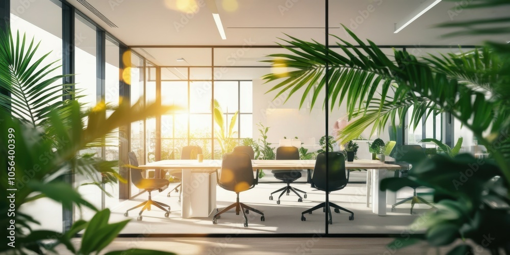 Fototapeta premium Modern office interior, sunlit workspace, glass walls, palm leaves in foreground, minimalist furniture, warm ambient lighting, clean aesthetic, open plan design, contemporary workplace, natural elemen