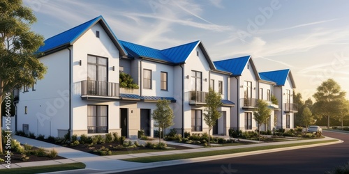 Modern townhouses, blue roofs, white facades, suburban neighborhood, tree-lined street, residential development, clear sky, architectural rendering, crisp details, sunny day, symmetrical design, row o