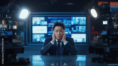 man in suit sits at news desk, looking stressed and overwhelmed, with bright studio lights and multiple cameras surrounding him. background features screens displaying news graphics