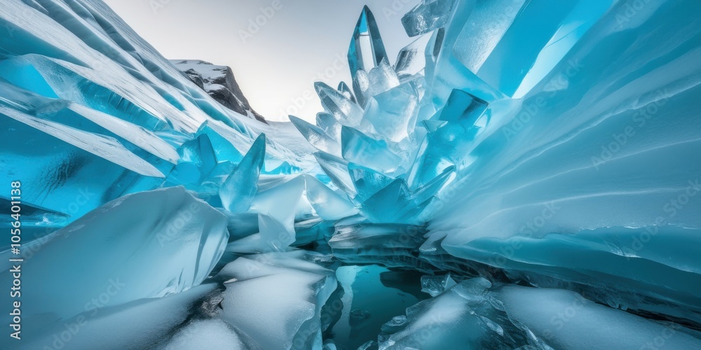 Ice cave, glacial cavern, blue ice, crystal formations, jagged icy structures, frozen landscape, ethereal light, otherworldly atmosphere, crevasses, shades of blue, intricate ice patterns, winding ice Ice cave, glacial cavern, blue ice, crystal formations, jagged icy structures, frozen landscape, ethereal light, otherworldly atmosphere, crevasses, shades of blue, intricate ice patterns, winding ice