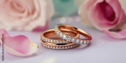 Wedding rings, diamond bands, rose petals, soft focus, pastel colors, romantic, elegant, jewelry photography, macro shot, floral backdrop, engagement, commitment, luxury, sentimental, close-up details