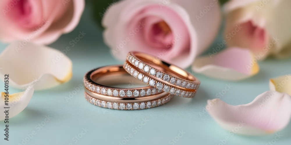 Wedding rings, diamond bands, rose petals, soft focus, pastel colors, romantic, elegant, jewelry photography, macro shot, floral backdrop, engagement, commitment, luxury, sentimental, close-up details Wedding rings, diamond bands, rose petals, soft focus, pastel colors, romantic, elegant, jewelry photography, macro shot, floral backdrop, engagement, commitment, luxury, sentimental, close-up details