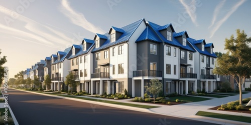 Modern townhouses, blue roofs, white facades, suburban neighborhood, tree-lined street, residential development, clear sky, architectural rendering, crisp details, sunny day, symmetrical design, row o