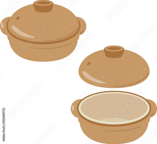小型の土鍋の蓋をしたイラストと蓋を取ったイラスト