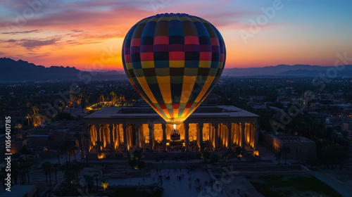 vibrant hot air balloon floats above historic temple at sunset, casting warm glow over ancient architecture and surrounding landscape, creating magical atmosphere