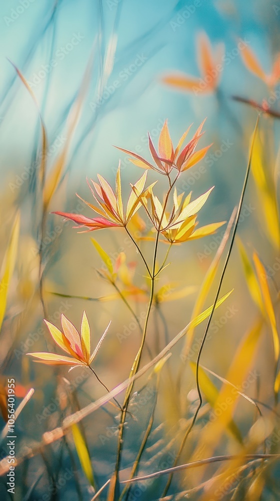 A close-up of delicate, colorful leaves illuminated by soft sunlight.